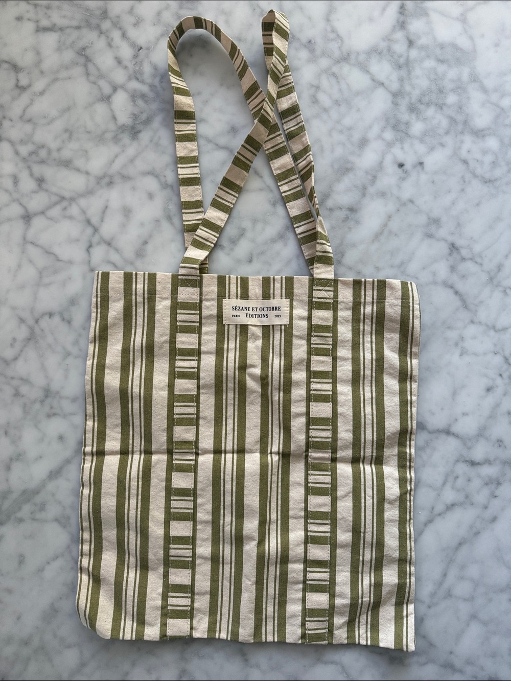 Sezane Green Striped Canvas Tote Bag